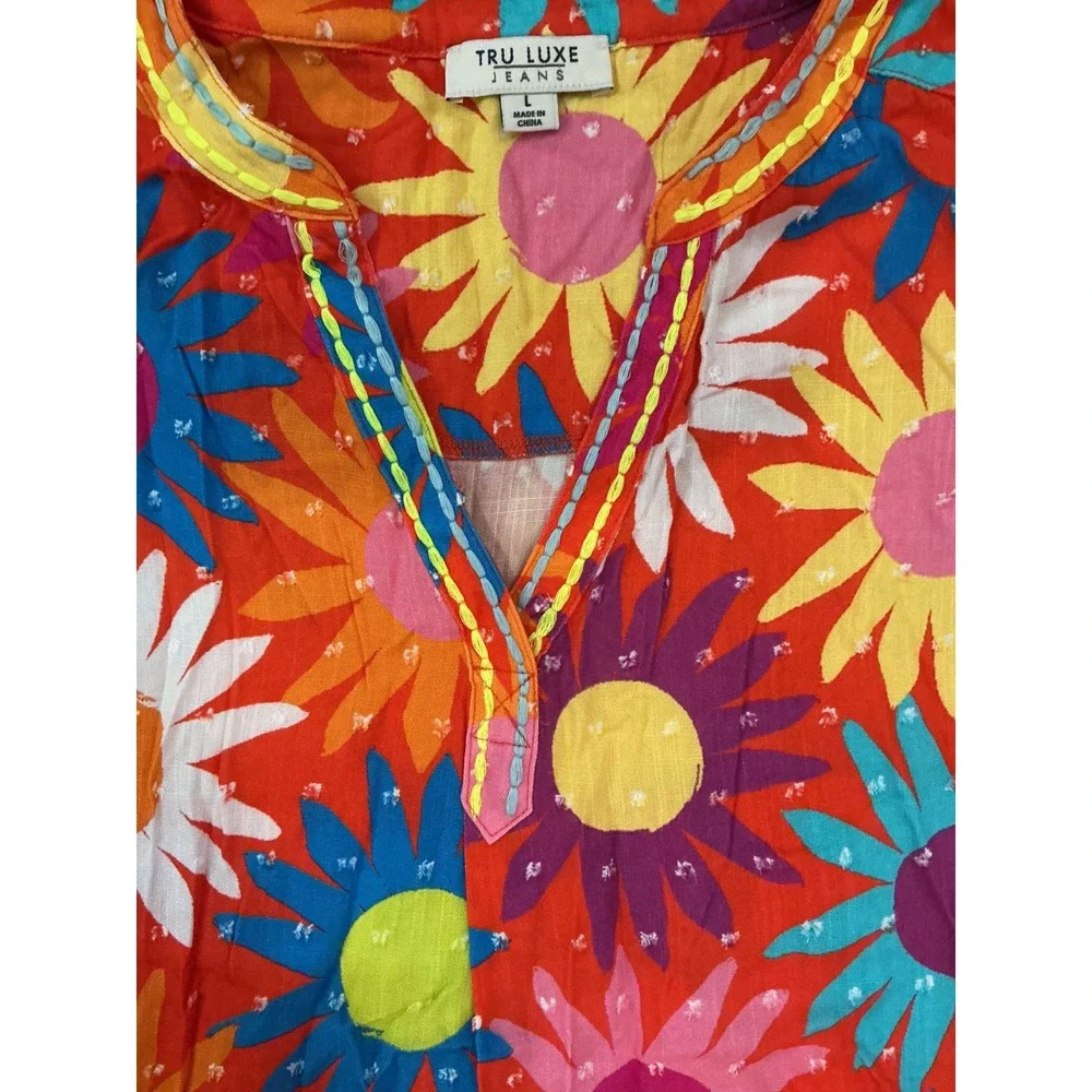 TRU LUXE JEANS Women's‎ Colorful Floral Tunic Top V-Neck Short Sleeve Large Y2K - Picture 2 of 5